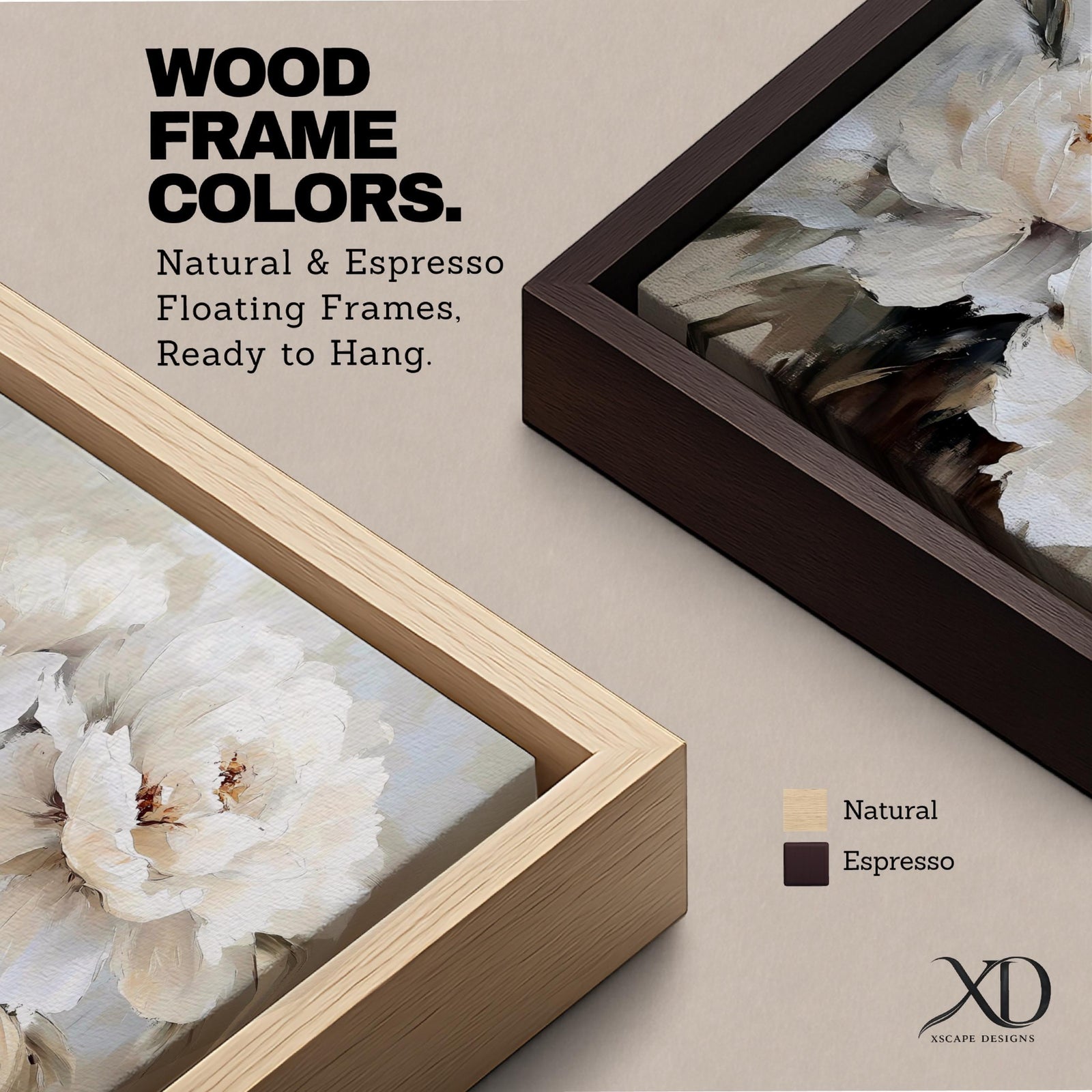 Panoramic floral painting featuring large white peony blossoms with layered petals spreading across the composition. Soft neutral tones and textured brushstrokes emphasize the delicate petals and dark stems beneath, creating depth while the blooms appear clustered together in a flowing horizontal arrangement.