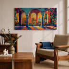 Panoramic artwork depicting ornate Moorish arches opening into a vibrant garden courtyard filled with colorful flowers and trees. Decorative tiled columns frame the arches while warm sunlight streams through, casting multicolored reflections across the floor and highlighting the detailed Islamic architectural patterns.