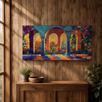 Panoramic artwork depicting ornate Moorish arches opening into a vibrant garden courtyard filled with colorful flowers and trees. Decorative tiled columns frame the arches while warm sunlight streams through, casting multicolored reflections across the floor and highlighting the detailed Islamic architectural patterns.