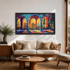Panoramic artwork depicting ornate Moorish arches opening into a vibrant garden courtyard filled with colorful flowers and trees. Decorative tiled columns frame the arches while warm sunlight streams through, casting multicolored reflections across the floor and highlighting the detailed Islamic architectural patterns.