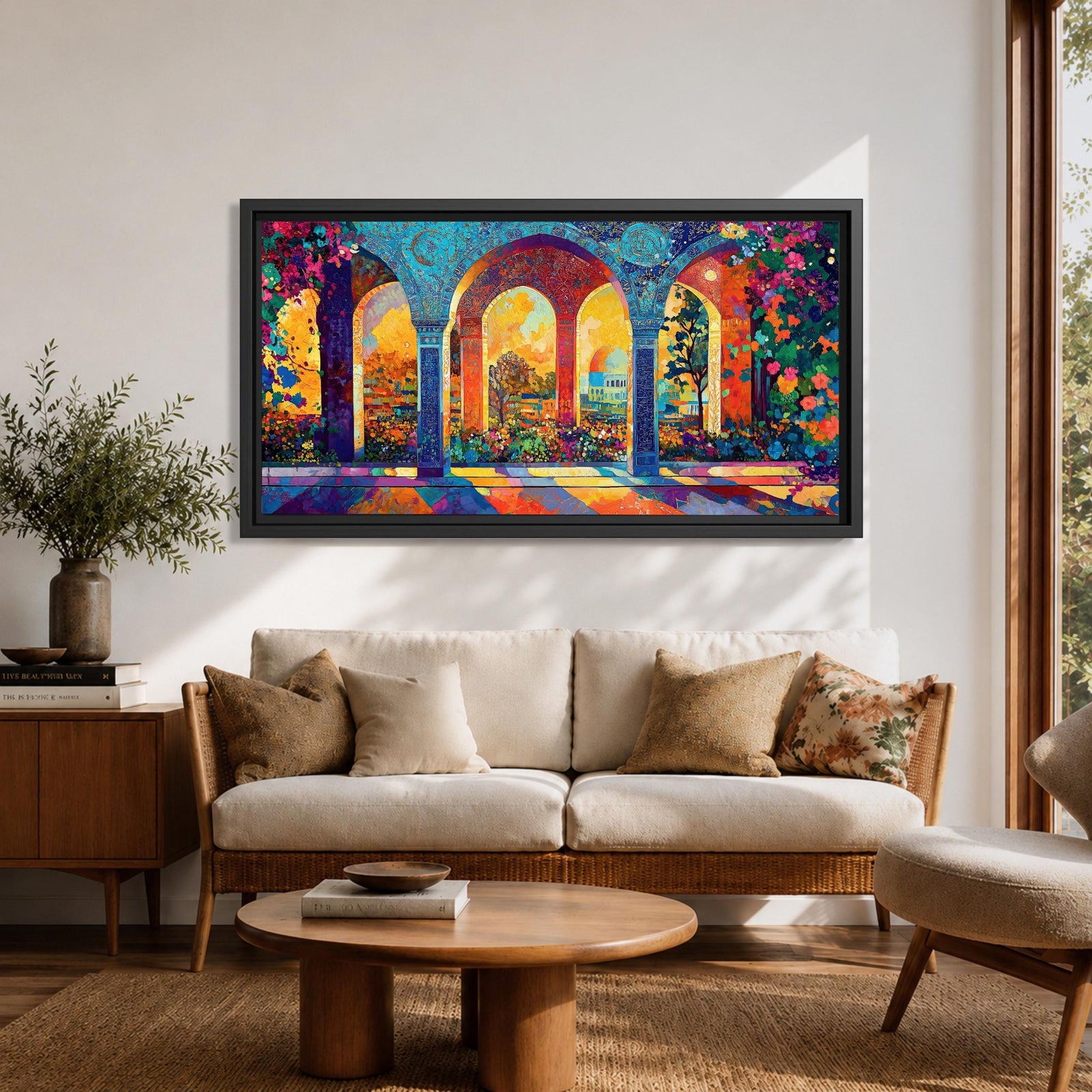 Panoramic artwork depicting ornate Moorish arches opening into a vibrant garden courtyard filled with colorful flowers and trees. Decorative tiled columns frame the arches while warm sunlight streams through, casting multicolored reflections across the floor and highlighting the detailed Islamic architectural patterns.