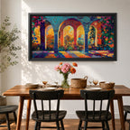 Panoramic artwork depicting ornate Moorish arches opening into a vibrant garden courtyard filled with colorful flowers and trees. Decorative tiled columns frame the arches while warm sunlight streams through, casting multicolored reflections across the floor and highlighting the detailed Islamic architectural patterns.