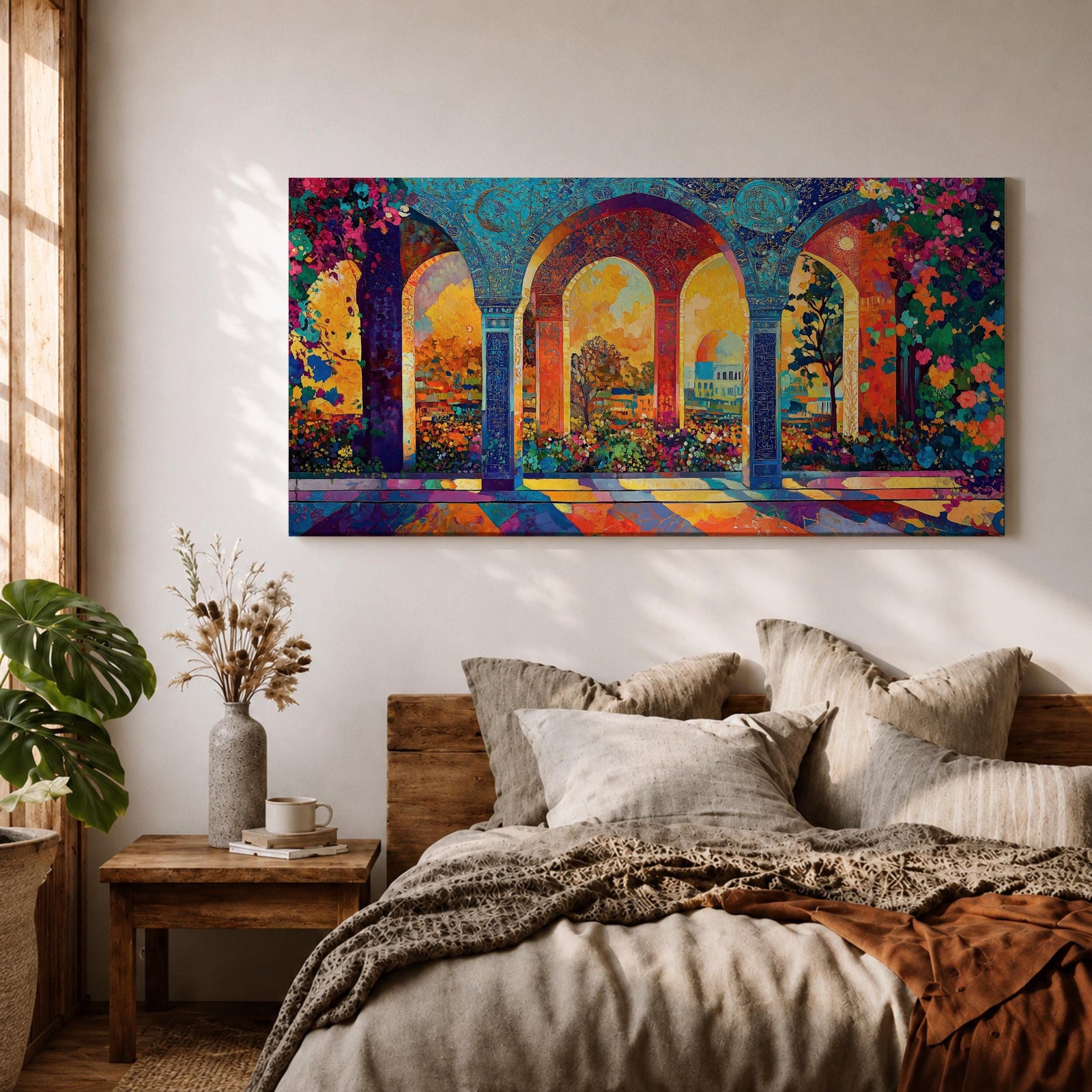 Panoramic artwork depicting ornate Moorish arches opening into a vibrant garden courtyard filled with colorful flowers and trees. Decorative tiled columns frame the arches while warm sunlight streams through, casting multicolored reflections across the floor and highlighting the detailed Islamic architectural patterns.