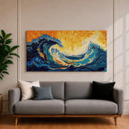 Panoramic abstract painting showing a powerful ocean swell curling across the composition with layered brushstrokes of deep blue, turquoise, and white foam. A glowing golden sky fills the background while textured swirling paint emphasizes the energy and movement of the sea.