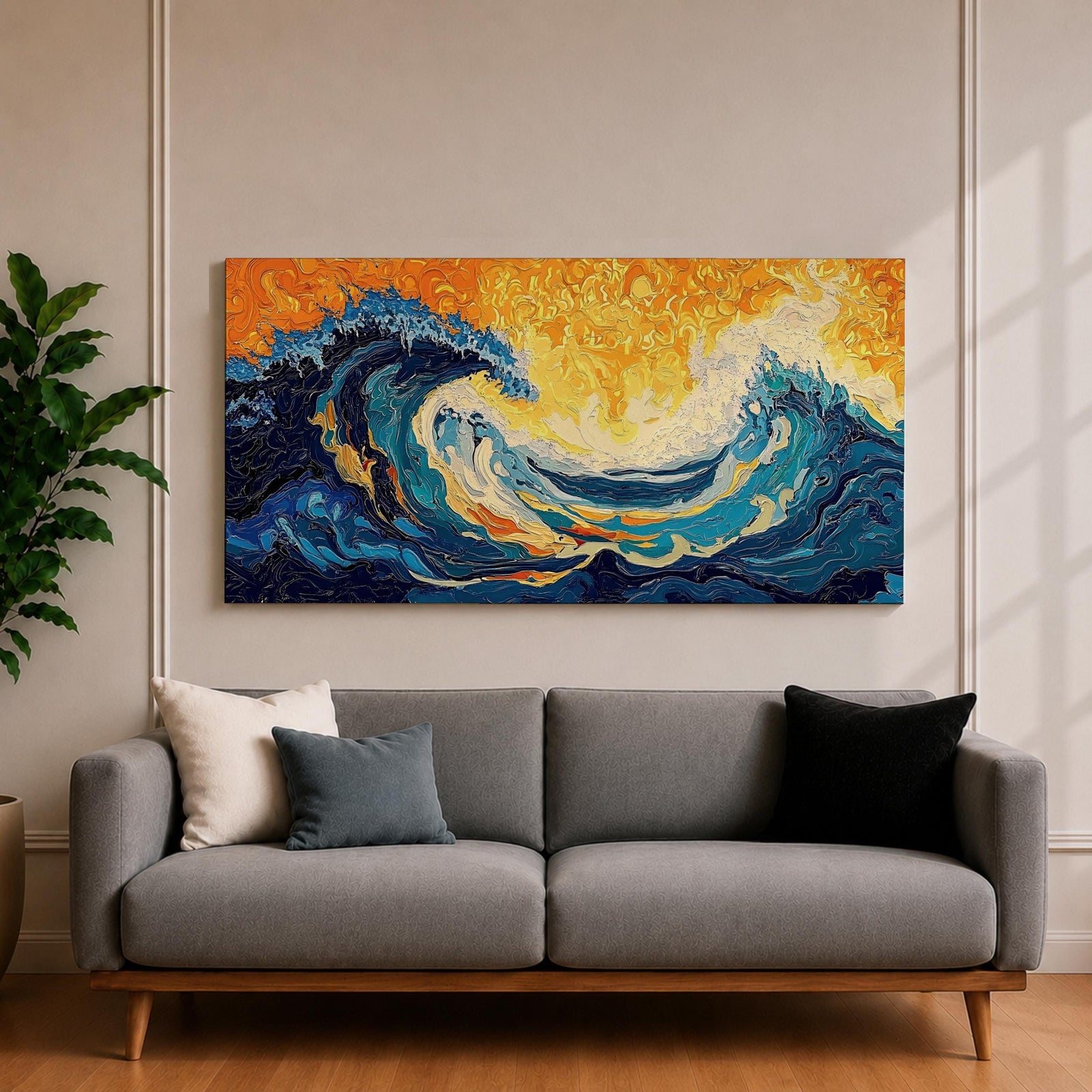 Panoramic abstract painting showing a powerful ocean swell curling across the composition with layered brushstrokes of deep blue, turquoise, and white foam. A glowing golden sky fills the background while textured swirling paint emphasizes the energy and movement of the sea.