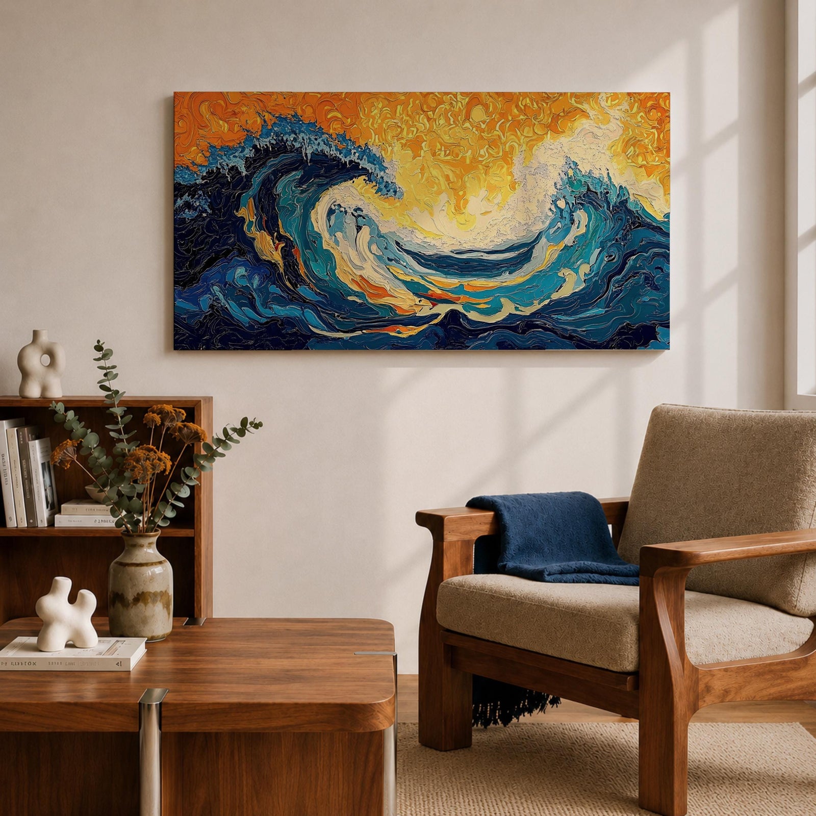 Panoramic abstract painting showing a powerful ocean swell curling across the composition with layered brushstrokes of deep blue, turquoise, and white foam. A glowing golden sky fills the background while textured swirling paint emphasizes the energy and movement of the sea.