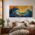 Panoramic abstract painting showing a powerful ocean swell curling across the composition with layered brushstrokes of deep blue, turquoise, and white foam. A glowing golden sky fills the background while textured swirling paint emphasizes the energy and movement of the sea.