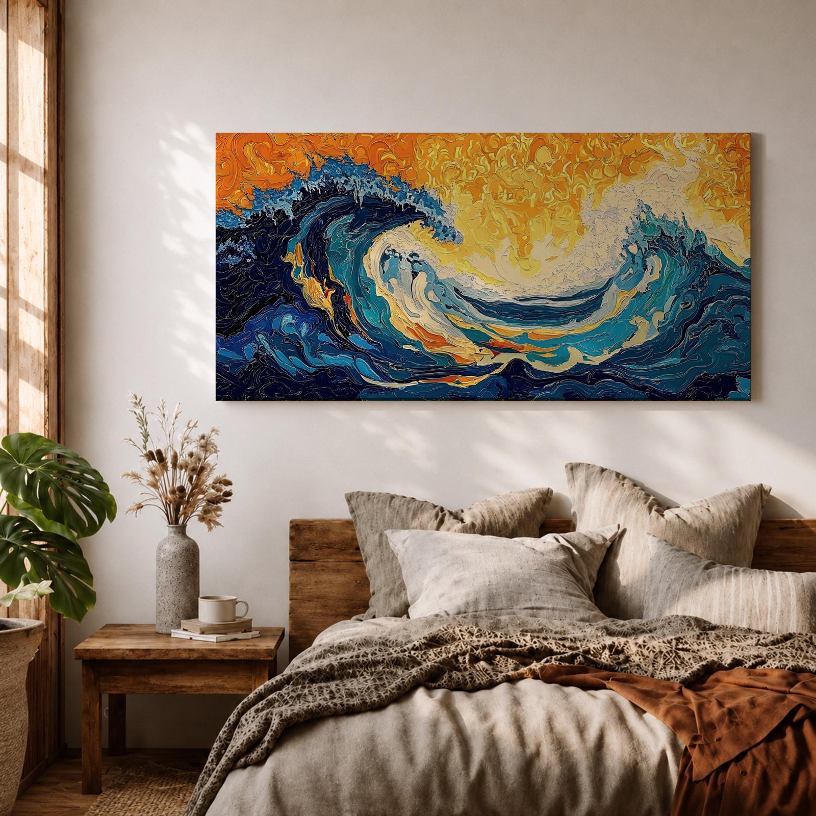 Panoramic abstract painting showing a powerful ocean swell curling across the composition with layered brushstrokes of deep blue, turquoise, and white foam. A glowing golden sky fills the background while textured swirling paint emphasizes the energy and movement of the sea.