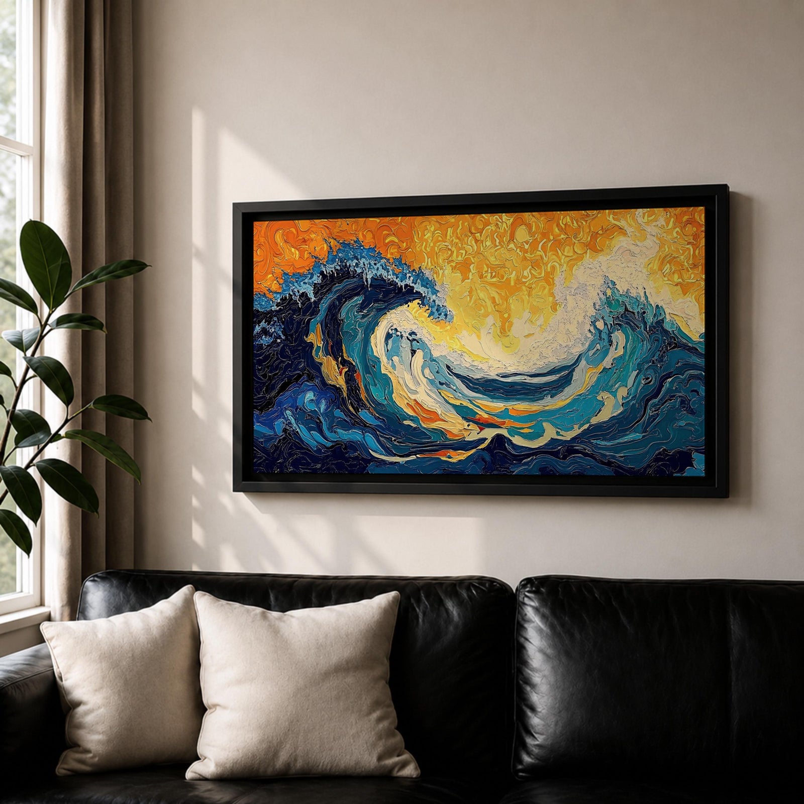 Panoramic abstract painting showing a powerful ocean swell curling across the composition with layered brushstrokes of deep blue, turquoise, and white foam. A glowing golden sky fills the background while textured swirling paint emphasizes the energy and movement of the sea.