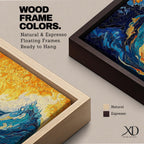 Panoramic abstract painting showing a powerful ocean swell curling across the composition with layered brushstrokes of deep blue, turquoise, and white foam. A glowing golden sky fills the background while textured swirling paint emphasizes the energy and movement of the sea.