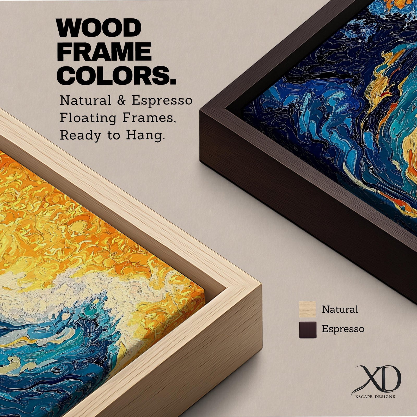 Panoramic abstract painting showing a powerful ocean swell curling across the composition with layered brushstrokes of deep blue, turquoise, and white foam. A glowing golden sky fills the background while textured swirling paint emphasizes the energy and movement of the sea.