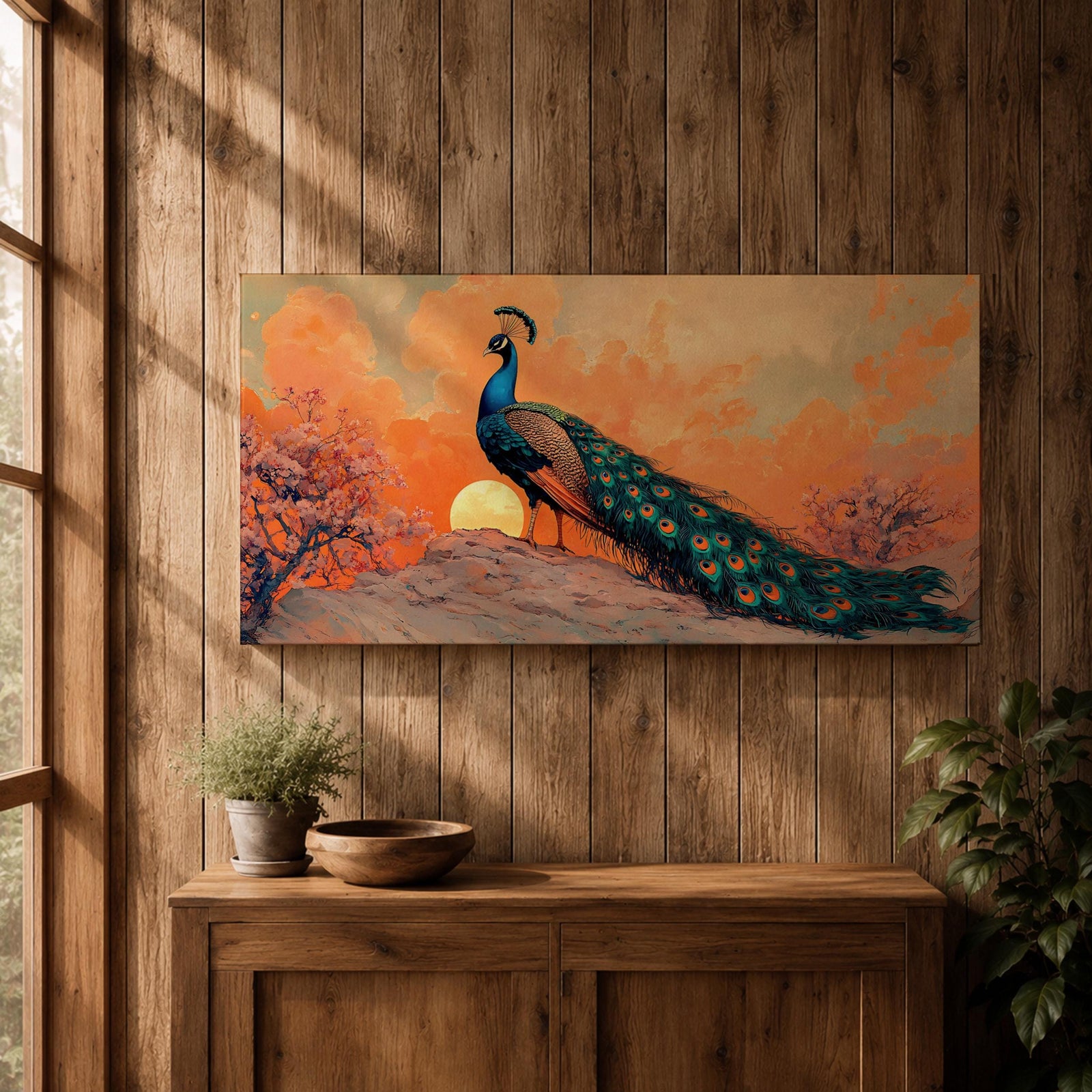 Panoramic artwork depicting a peacock standing on a rocky hill with its long iridescent tail feathers flowing behind it. The bird faces a glowing sunset with warm orange clouds and soft light illuminating the detailed blue and green plumage while flowering trees frame the scene.