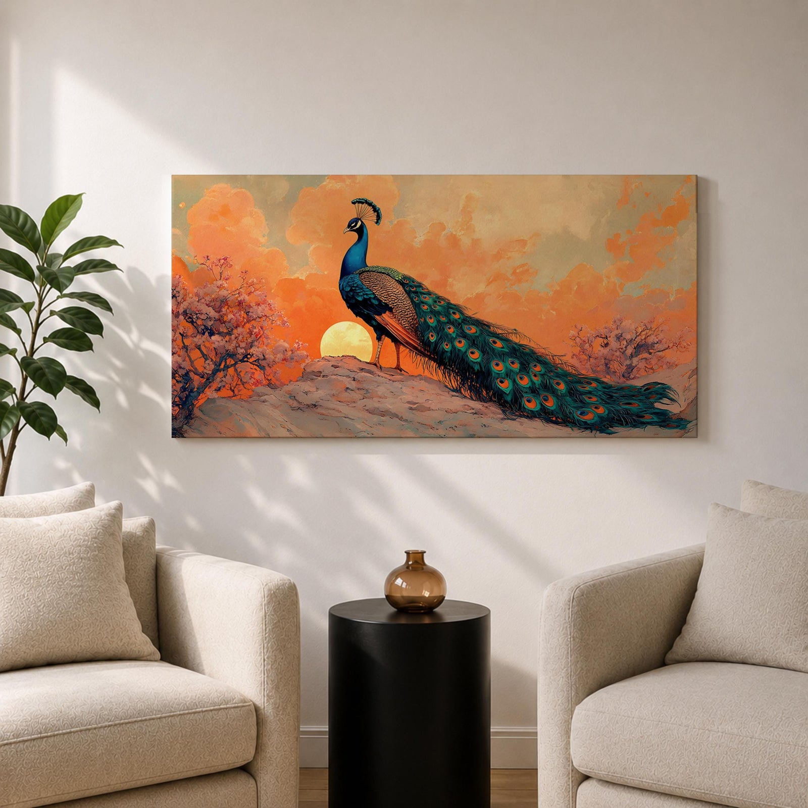 Panoramic artwork depicting a peacock standing on a rocky hill with its long iridescent tail feathers flowing behind it. The bird faces a glowing sunset with warm orange clouds and soft light illuminating the detailed blue and green plumage while flowering trees frame the scene.