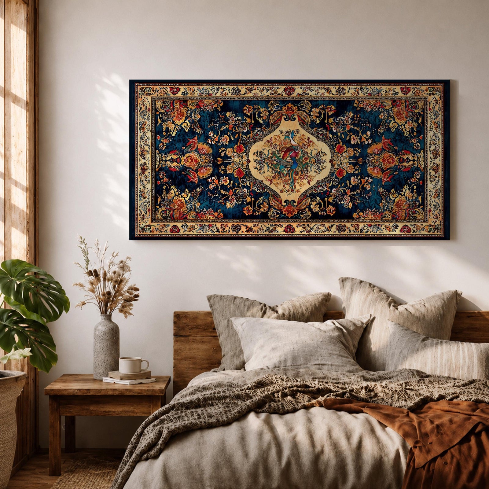 Panoramic artwork inspired by a traditional Persian rug featuring an ornate central medallion with a peacock motif surrounded by dense floral patterns and intricate symmetrical borders. Deep navy, gold, and red tones fill the carpet design with repeating ornamental motifs typical of classic Persian textile craftsmanship.
