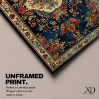 Panoramic artwork inspired by a traditional Persian rug featuring an ornate central medallion with a peacock motif surrounded by dense floral patterns and intricate symmetrical borders. Deep navy, gold, and red tones fill the carpet design with repeating ornamental motifs typical of classic Persian textile craftsmanship.