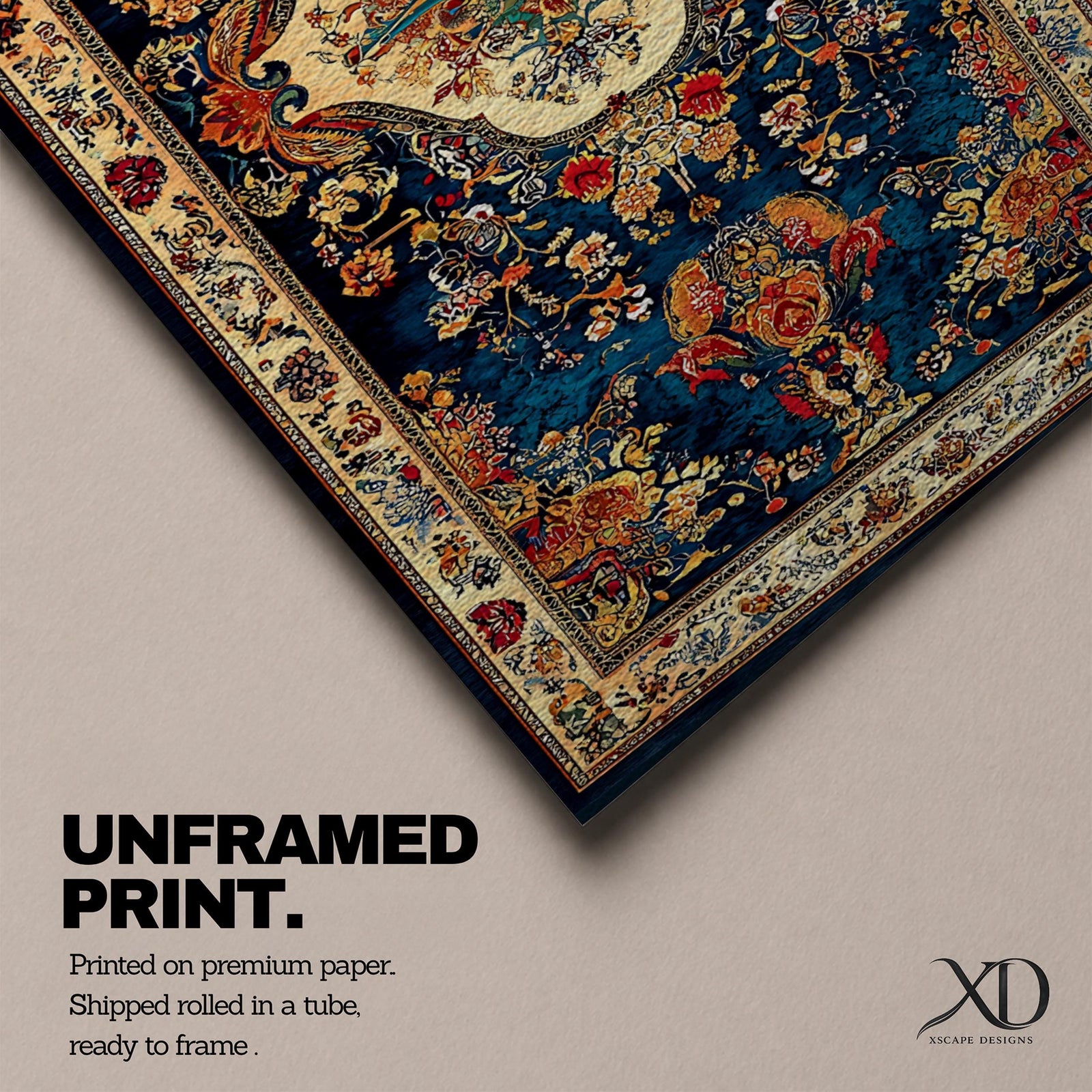 Panoramic artwork inspired by a traditional Persian rug featuring an ornate central medallion with a peacock motif surrounded by dense floral patterns and intricate symmetrical borders. Deep navy, gold, and red tones fill the carpet design with repeating ornamental motifs typical of classic Persian textile craftsmanship.