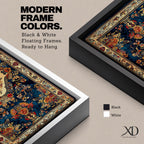 Panoramic artwork inspired by a traditional Persian rug featuring an ornate central medallion with a peacock motif surrounded by dense floral patterns and intricate symmetrical borders. Deep navy, gold, and red tones fill the carpet design with repeating ornamental motifs typical of classic Persian textile craftsmanship.