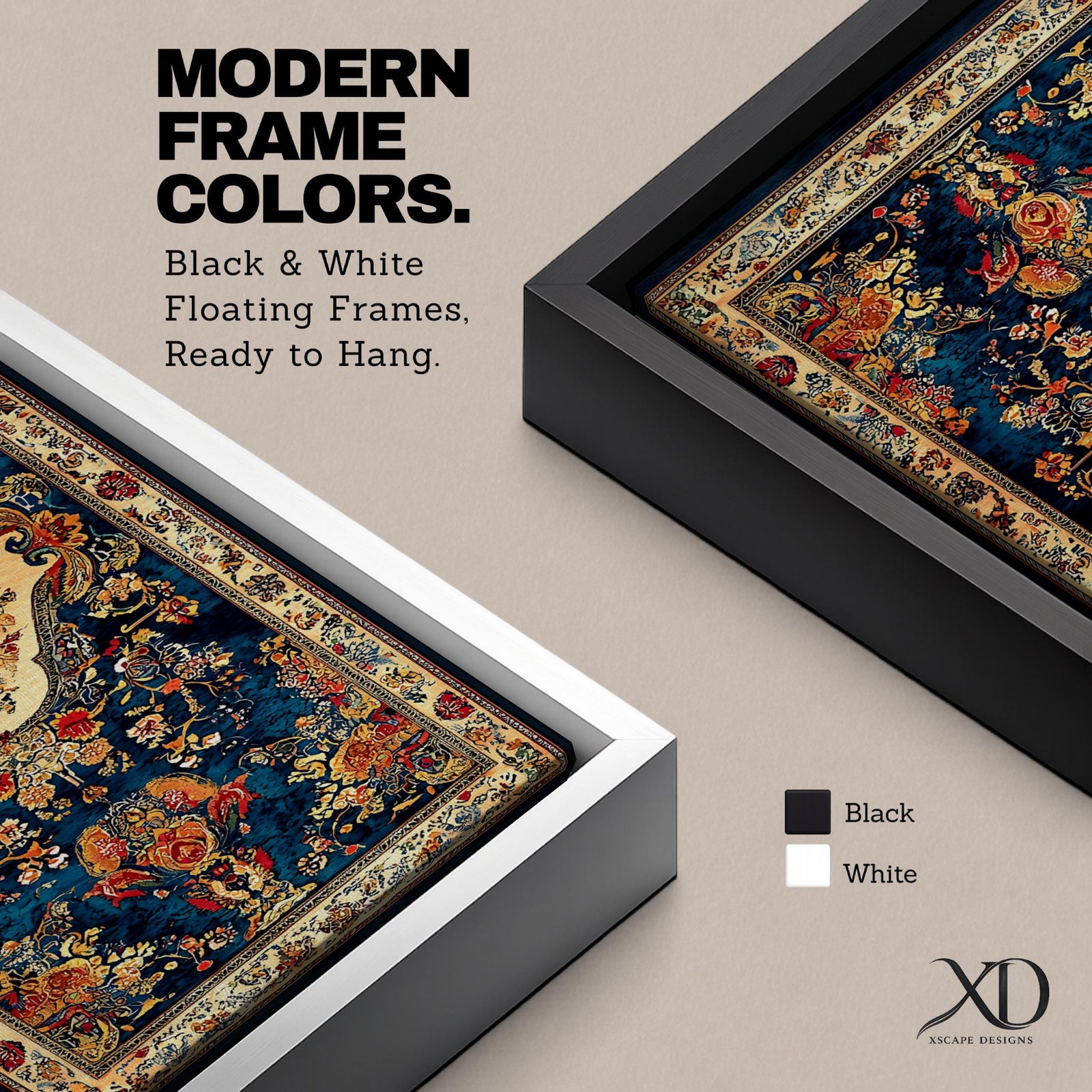 Panoramic artwork inspired by a traditional Persian rug featuring an ornate central medallion with a peacock motif surrounded by dense floral patterns and intricate symmetrical borders. Deep navy, gold, and red tones fill the carpet design with repeating ornamental motifs typical of classic Persian textile craftsmanship.