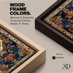 Panoramic artwork inspired by a traditional Persian rug featuring an ornate central medallion with a peacock motif surrounded by dense floral patterns and intricate symmetrical borders. Deep navy, gold, and red tones fill the carpet design with repeating ornamental motifs typical of classic Persian textile craftsmanship.