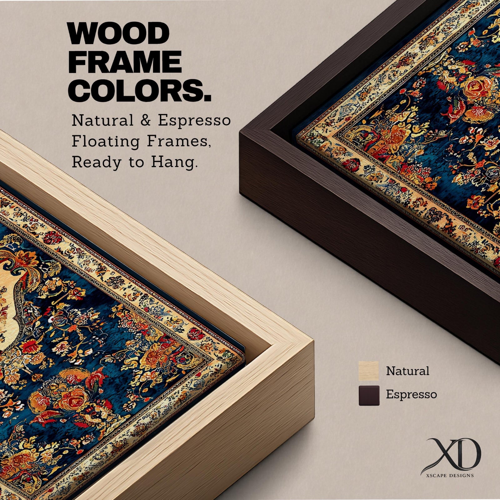 Panoramic artwork inspired by a traditional Persian rug featuring an ornate central medallion with a peacock motif surrounded by dense floral patterns and intricate symmetrical borders. Deep navy, gold, and red tones fill the carpet design with repeating ornamental motifs typical of classic Persian textile craftsmanship.