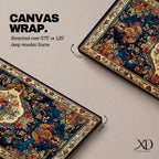 Panoramic artwork inspired by a traditional Persian rug featuring an ornate central medallion with a peacock motif surrounded by dense floral patterns and intricate symmetrical borders. Deep navy, gold, and red tones fill the carpet design with repeating ornamental motifs typical of classic Persian textile craftsmanship.