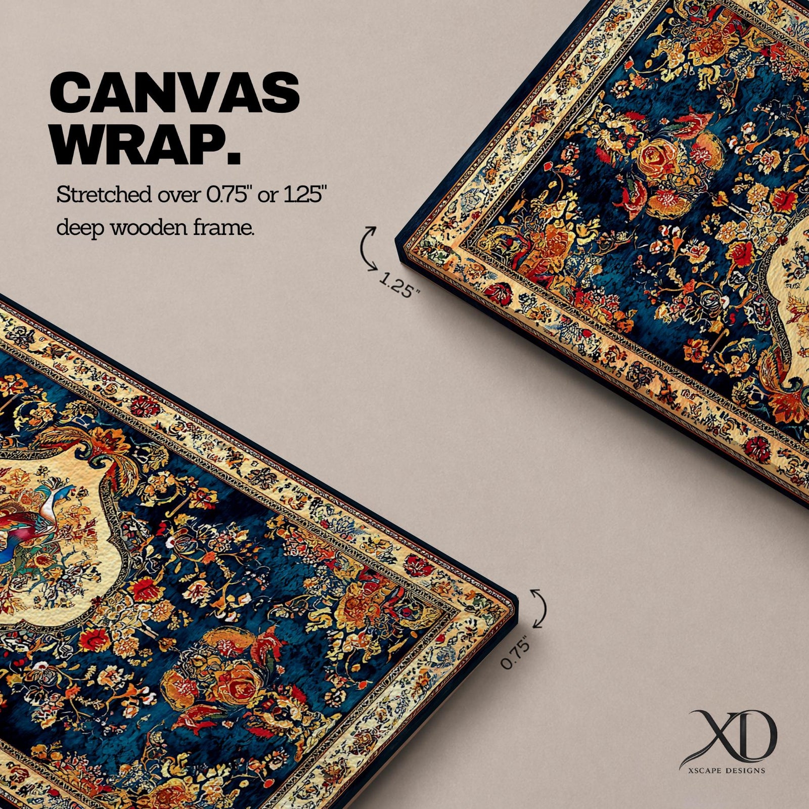 Panoramic artwork inspired by a traditional Persian rug featuring an ornate central medallion with a peacock motif surrounded by dense floral patterns and intricate symmetrical borders. Deep navy, gold, and red tones fill the carpet design with repeating ornamental motifs typical of classic Persian textile craftsmanship.