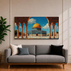 Panoramic artwork depicting the Dome of the Rock with its golden dome rising above blue tiled walls and stone courtyard. The mosque is framed by tall historic arches and columns in the foreground while bright blue sky and soft clouds highlight the iconic Jerusalem Islamic landmark.