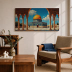 Panoramic artwork depicting the Dome of the Rock with its golden dome rising above blue tiled walls and stone courtyard. The mosque is framed by tall historic arches and columns in the foreground while bright blue sky and soft clouds highlight the iconic Jerusalem Islamic landmark.