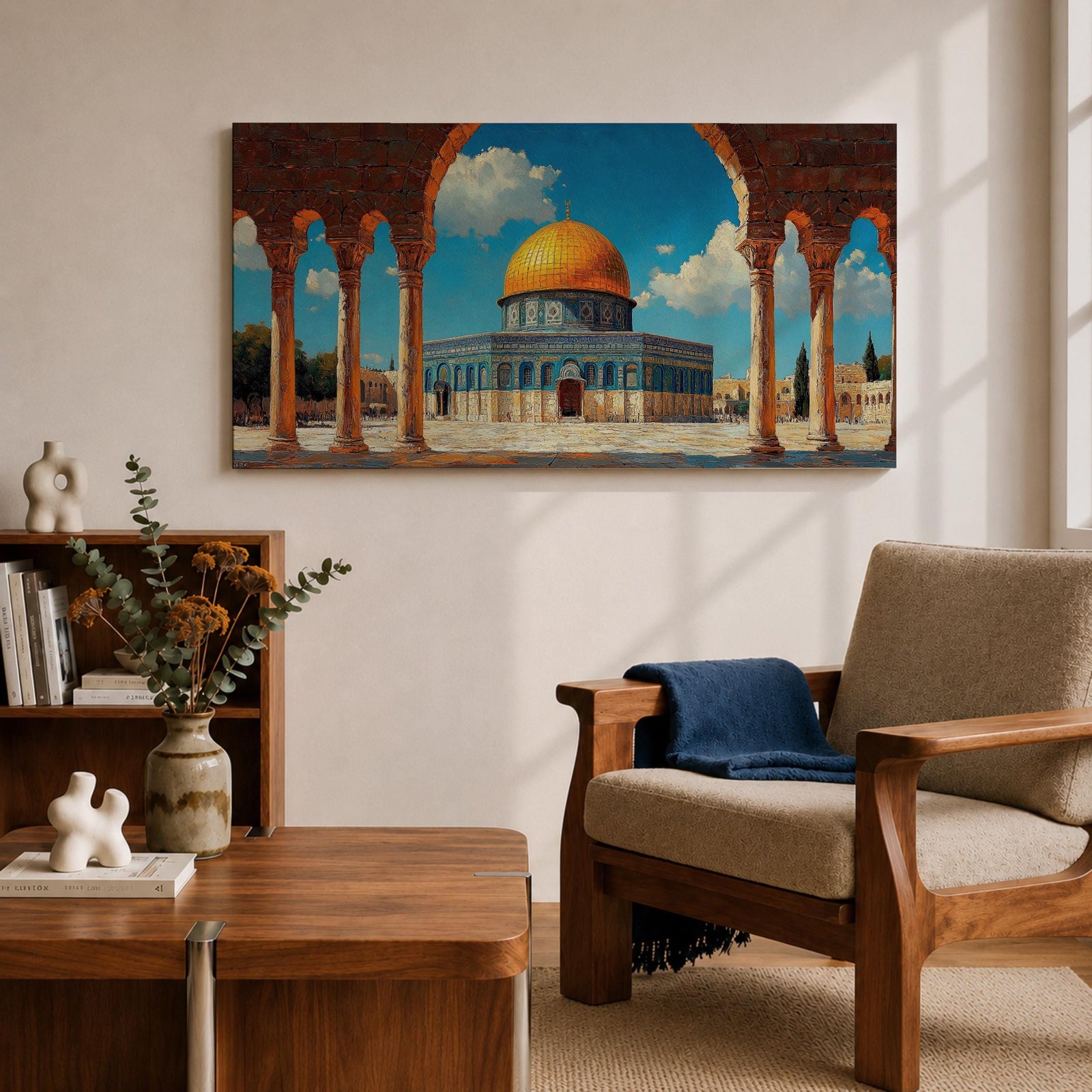 Panoramic artwork depicting the Dome of the Rock with its golden dome rising above blue tiled walls and stone courtyard. The mosque is framed by tall historic arches and columns in the foreground while bright blue sky and soft clouds highlight the iconic Jerusalem Islamic landmark.