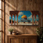 Panoramic artwork depicting the Dome of the Rock with its golden dome rising above blue tiled walls and stone courtyard. The mosque is framed by tall historic arches and columns in the foreground while bright blue sky and soft clouds highlight the iconic Jerusalem Islamic landmark.