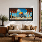Panoramic artwork depicting the Dome of the Rock with its golden dome rising above blue tiled walls and stone courtyard. The mosque is framed by tall historic arches and columns in the foreground while bright blue sky and soft clouds highlight the iconic Jerusalem Islamic landmark.