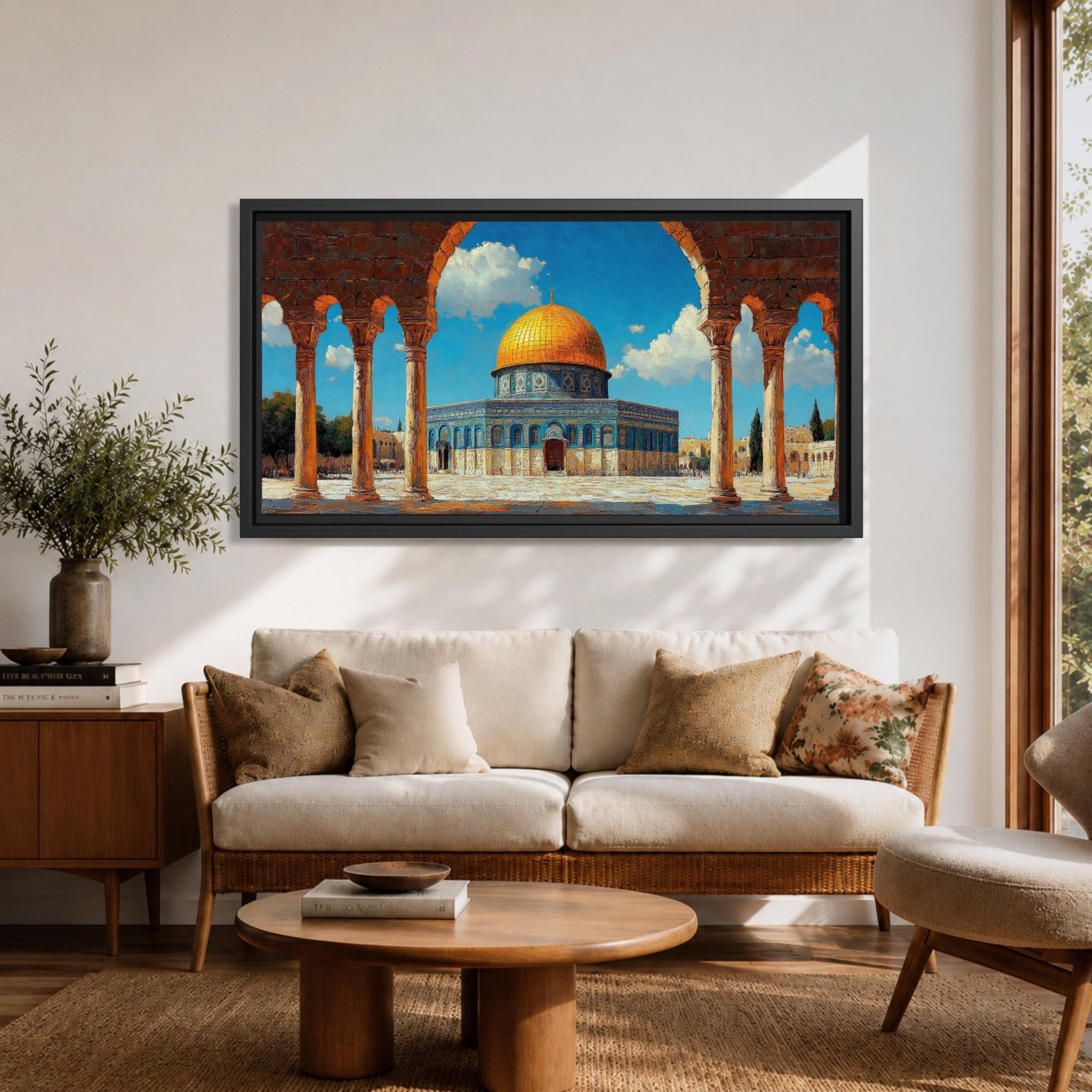 Panoramic artwork depicting the Dome of the Rock with its golden dome rising above blue tiled walls and stone courtyard. The mosque is framed by tall historic arches and columns in the foreground while bright blue sky and soft clouds highlight the iconic Jerusalem Islamic landmark.