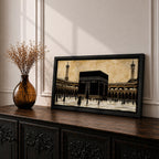 Panoramic artwork depicting the Kaaba at the center of Masjid Al Haram in Mecca surrounded by the mosque’s arcades and tall minarets. Pilgrims gather around the Kaaba across the bright courtyard floor while the dark cubic structure contrasts against the warm sky and detailed mosque architecture.