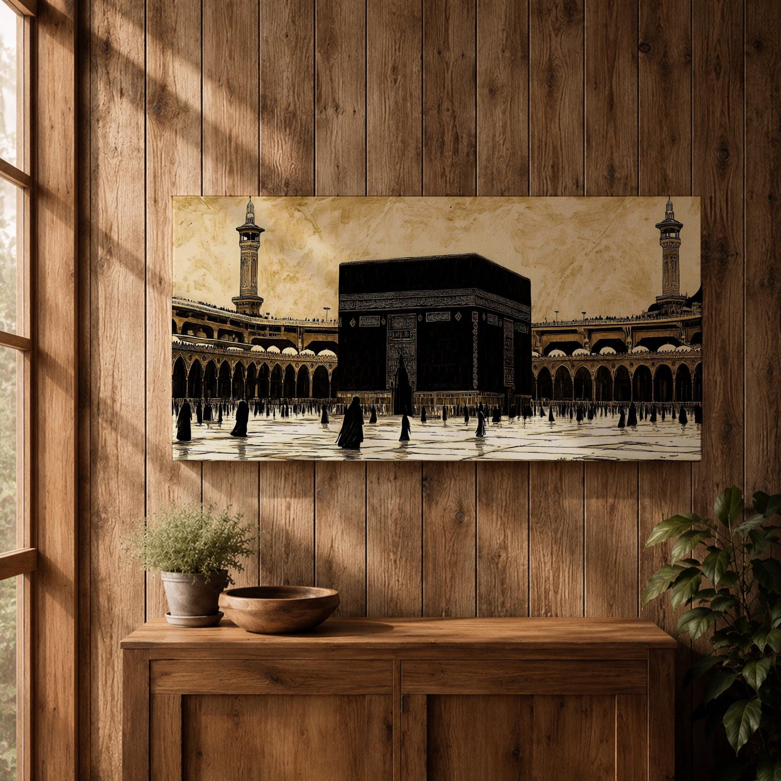 Panoramic artwork depicting the Kaaba at the center of Masjid Al Haram in Mecca surrounded by the mosque’s arcades and tall minarets. Pilgrims gather around the Kaaba across the bright courtyard floor while the dark cubic structure contrasts against the warm sky and detailed mosque architecture.