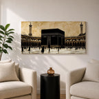 Panoramic artwork depicting the Kaaba at the center of Masjid Al Haram in Mecca surrounded by the mosque’s arcades and tall minarets. Pilgrims gather around the Kaaba across the bright courtyard floor while the dark cubic structure contrasts against the warm sky and detailed mosque architecture.