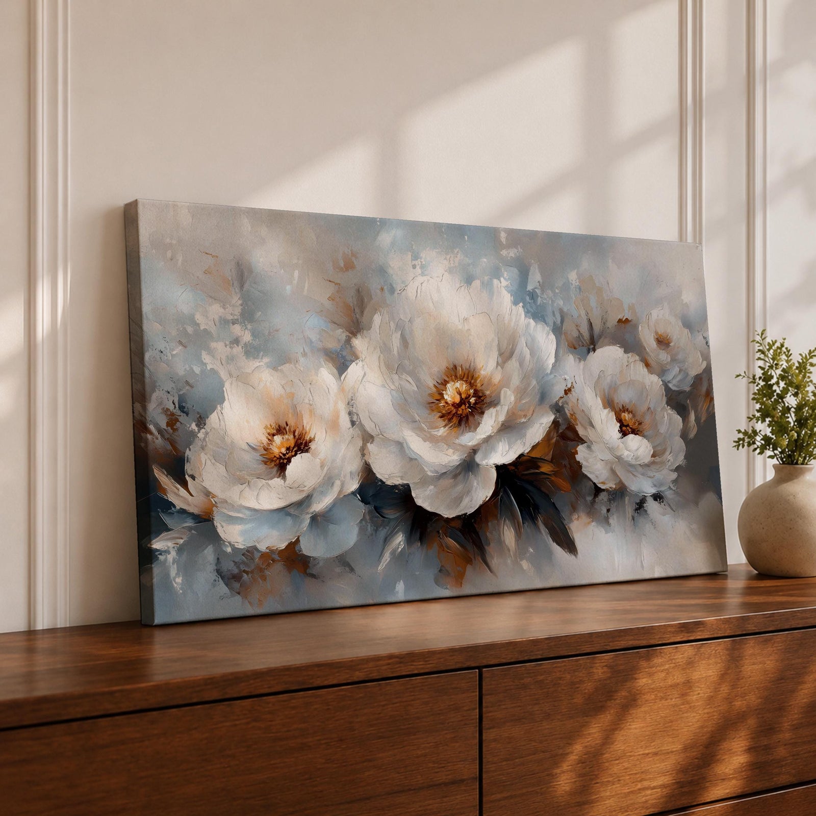 Panoramic floral painting featuring large white peony blossoms with layered petals and warm golden centers surrounded by soft leaves. Loose brushstrokes and muted gray blue tones create a soft background while the flowers form a flowing horizontal composition across the artwork.