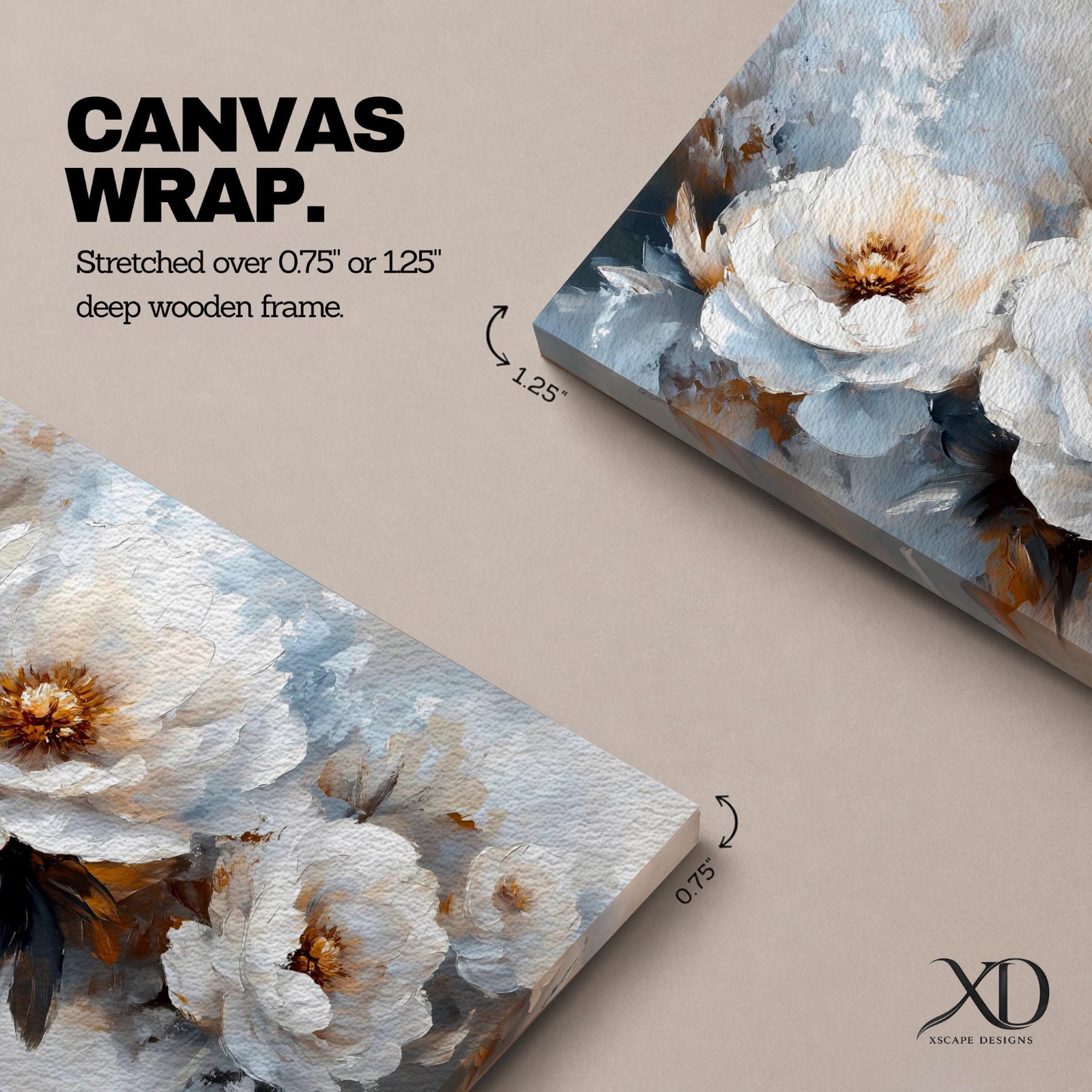 Panoramic floral painting featuring large white peony blossoms with layered petals and warm golden centers surrounded by soft leaves. Loose brushstrokes and muted gray blue tones create a soft background while the flowers form a flowing horizontal composition across the artwork.