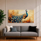 A panoramic painting of a peacock standing gracefully with a flowing tail of vivid blue and gold eye patterned feathers, surrounded by soft botanical foliage and warm golden tones, rendered with textured brushstrokes that emphasize the layered plumage and elegant form of the bird.