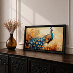 A panoramic painting of a peacock standing gracefully with a flowing tail of vivid blue and gold eye patterned feathers, surrounded by soft botanical foliage and warm golden tones, rendered with textured brushstrokes that emphasize the layered plumage and elegant form of the bird.