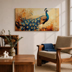 A panoramic painting of a peacock standing gracefully with a flowing tail of vivid blue and gold eye patterned feathers, surrounded by soft botanical foliage and warm golden tones, rendered with textured brushstrokes that emphasize the layered plumage and elegant form of the bird.