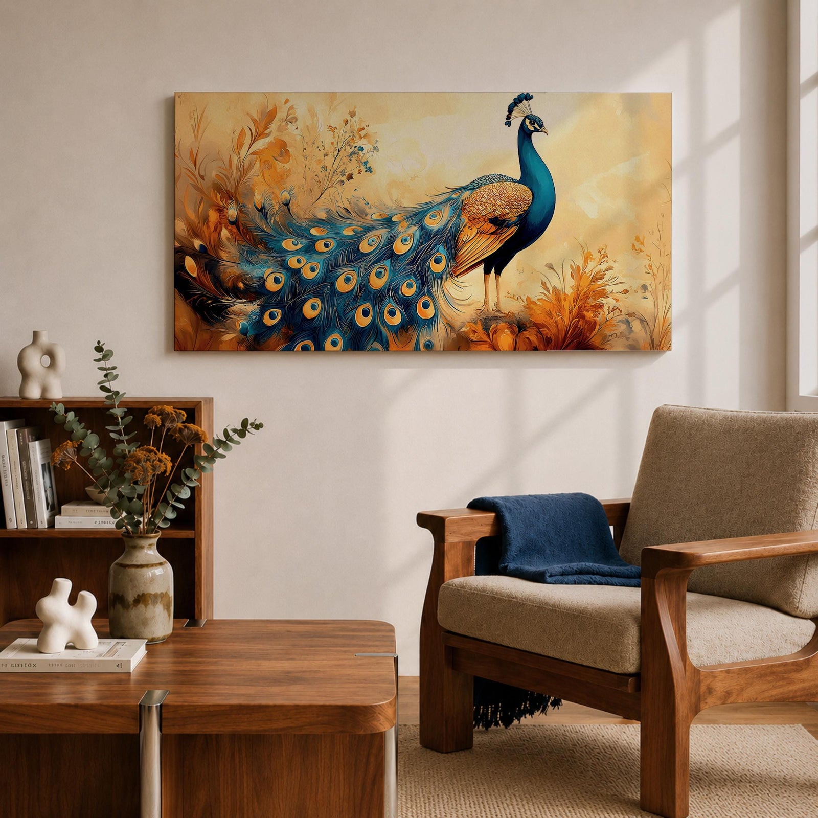 A panoramic painting of a peacock standing gracefully with a flowing tail of vivid blue and gold eye patterned feathers, surrounded by soft botanical foliage and warm golden tones, rendered with textured brushstrokes that emphasize the layered plumage and elegant form of the bird.
