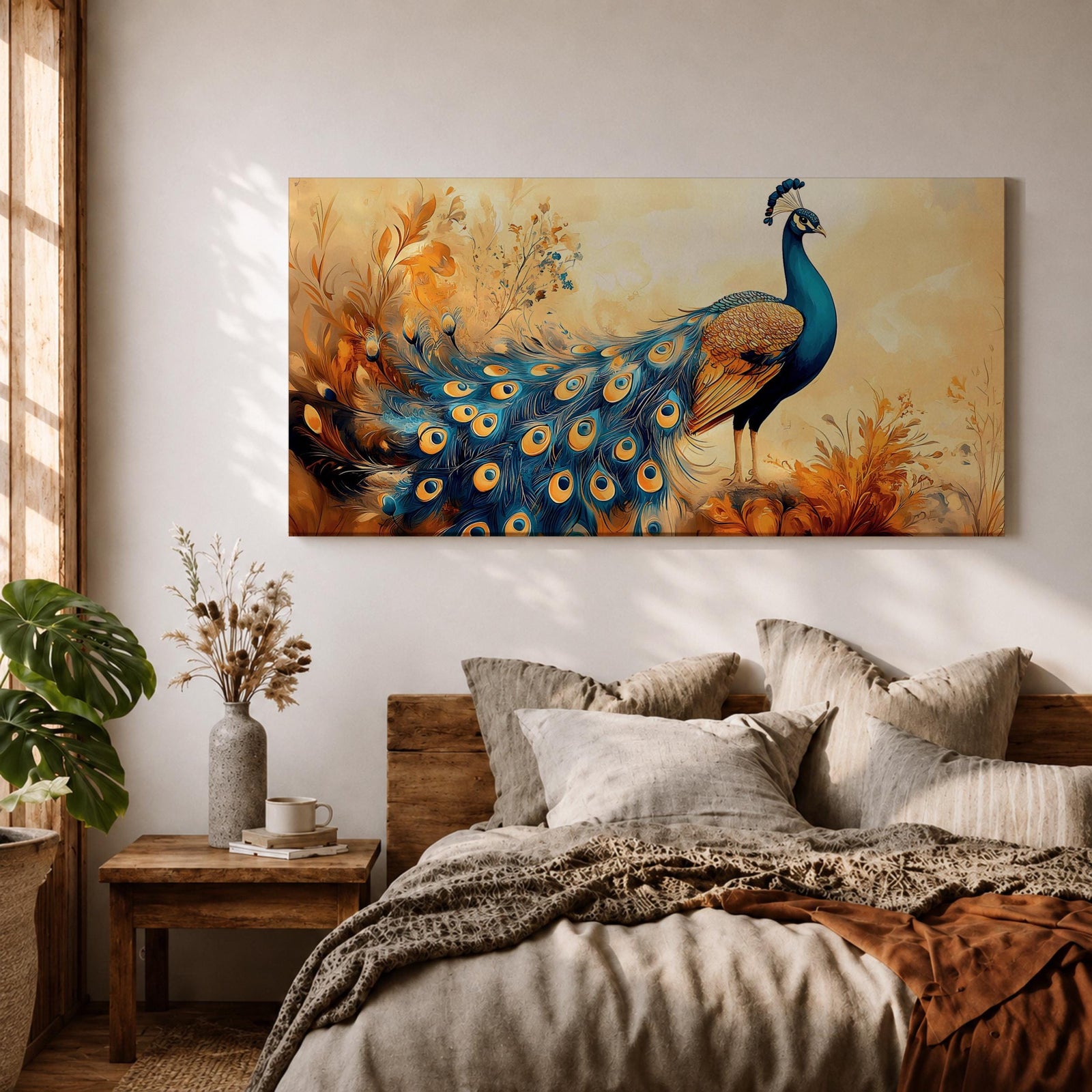 A panoramic painting of a peacock standing gracefully with a flowing tail of vivid blue and gold eye patterned feathers, surrounded by soft botanical foliage and warm golden tones, rendered with textured brushstrokes that emphasize the layered plumage and elegant form of the bird.