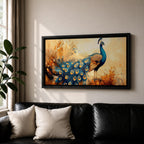 A panoramic painting of a peacock standing gracefully with a flowing tail of vivid blue and gold eye patterned feathers, surrounded by soft botanical foliage and warm golden tones, rendered with textured brushstrokes that emphasize the layered plumage and elegant form of the bird.