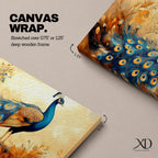 A panoramic painting of a peacock standing gracefully with a flowing tail of vivid blue and gold eye patterned feathers, surrounded by soft botanical foliage and warm golden tones, rendered with textured brushstrokes that emphasize the layered plumage and elegant form of the bird.