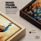 A panoramic painting of a peacock standing gracefully with a flowing tail of vivid blue and gold eye patterned feathers, surrounded by soft botanical foliage and warm golden tones, rendered with textured brushstrokes that emphasize the layered plumage and elegant form of the bird.