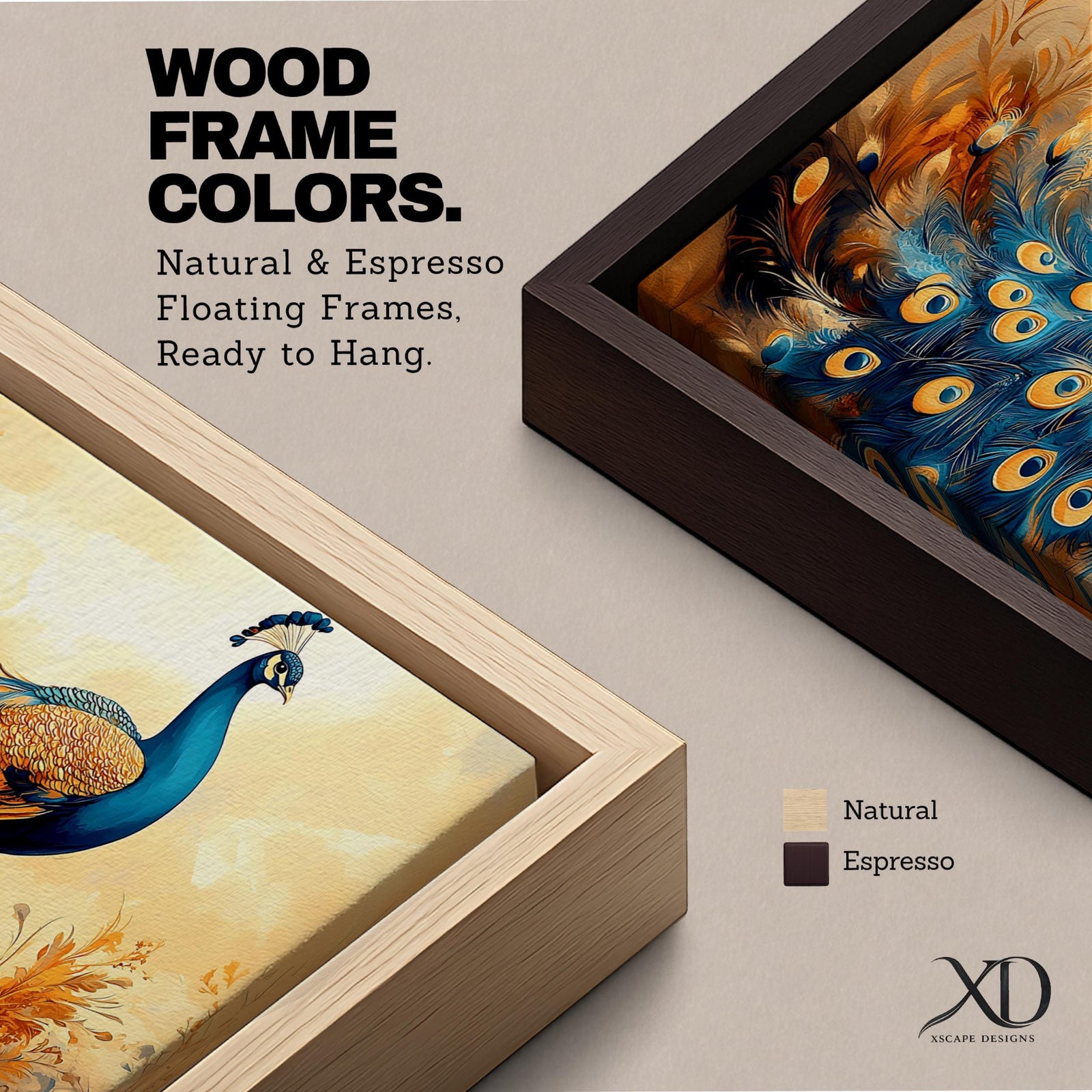 A panoramic painting of a peacock standing gracefully with a flowing tail of vivid blue and gold eye patterned feathers, surrounded by soft botanical foliage and warm golden tones, rendered with textured brushstrokes that emphasize the layered plumage and elegant form of the bird.