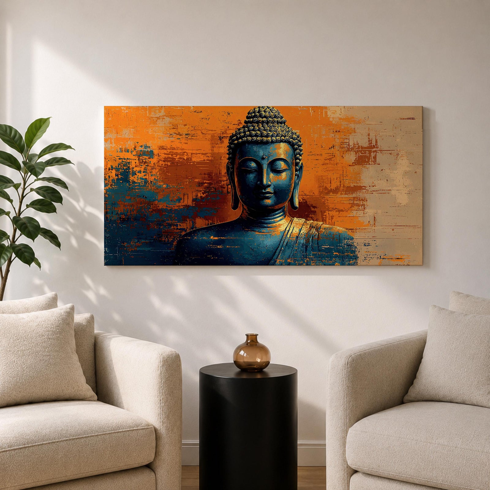 Panoramic artwork depicting a serene Buddha portrait with closed eyes and calm expression against a textured abstract background. Deep blue tones define the figure while bold orange and gold brushstrokes create contrast around the head and shoulders, emphasizing a tranquil meditative presence.