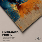Panoramic artwork depicting a serene Buddha portrait with closed eyes and calm expression against a textured abstract background. Deep blue tones define the figure while bold orange and gold brushstrokes create contrast around the head and shoulders, emphasizing a tranquil meditative presence.