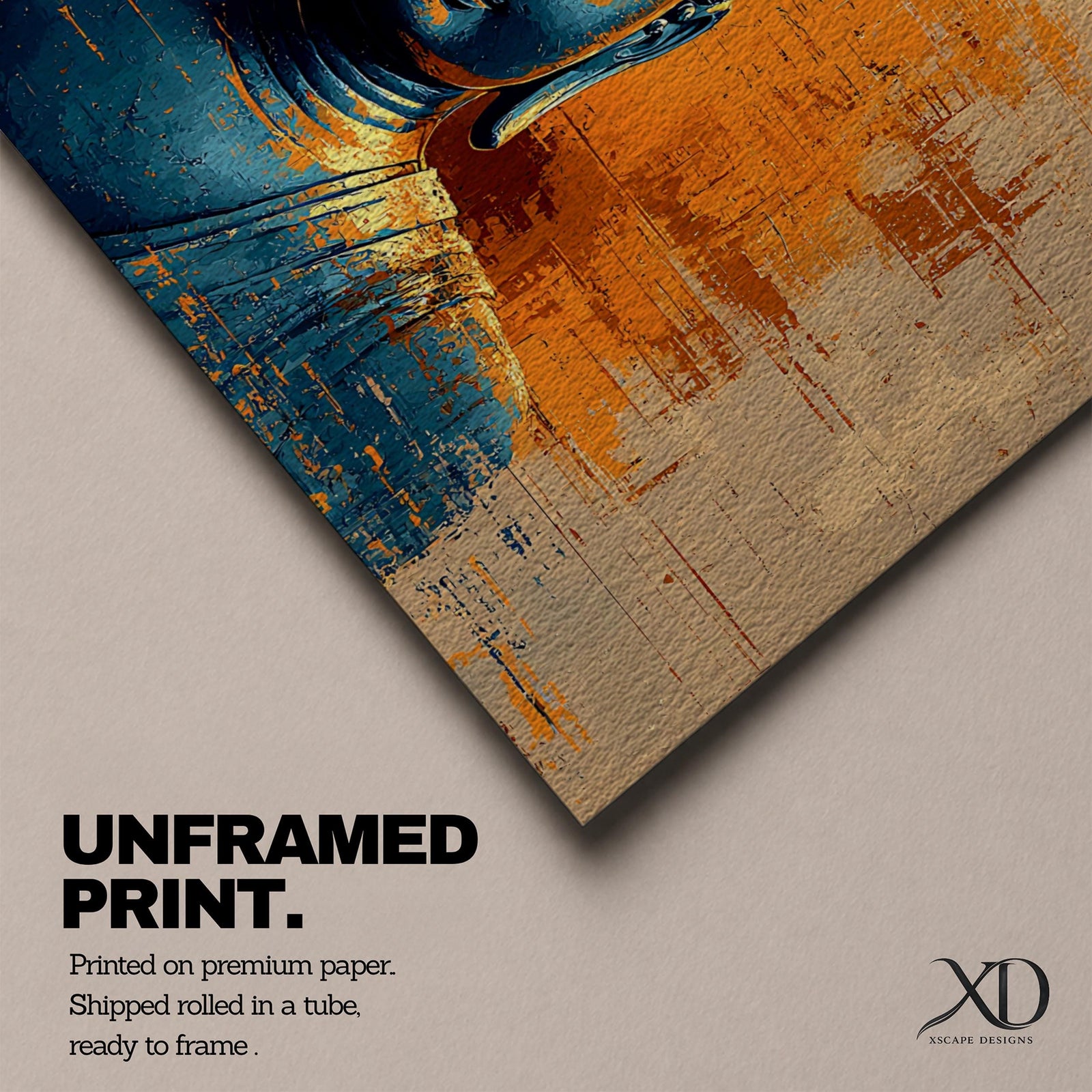 Panoramic artwork depicting a serene Buddha portrait with closed eyes and calm expression against a textured abstract background. Deep blue tones define the figure while bold orange and gold brushstrokes create contrast around the head and shoulders, emphasizing a tranquil meditative presence.