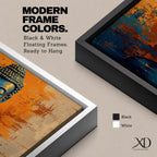Panoramic artwork depicting a serene Buddha portrait with closed eyes and calm expression against a textured abstract background. Deep blue tones define the figure while bold orange and gold brushstrokes create contrast around the head and shoulders, emphasizing a tranquil meditative presence.